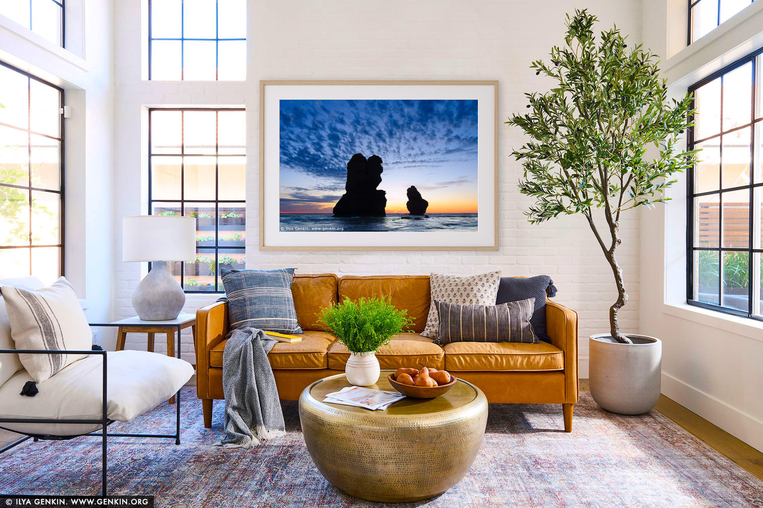 Sunset at Gibson Steps wall art in a modern living room interior