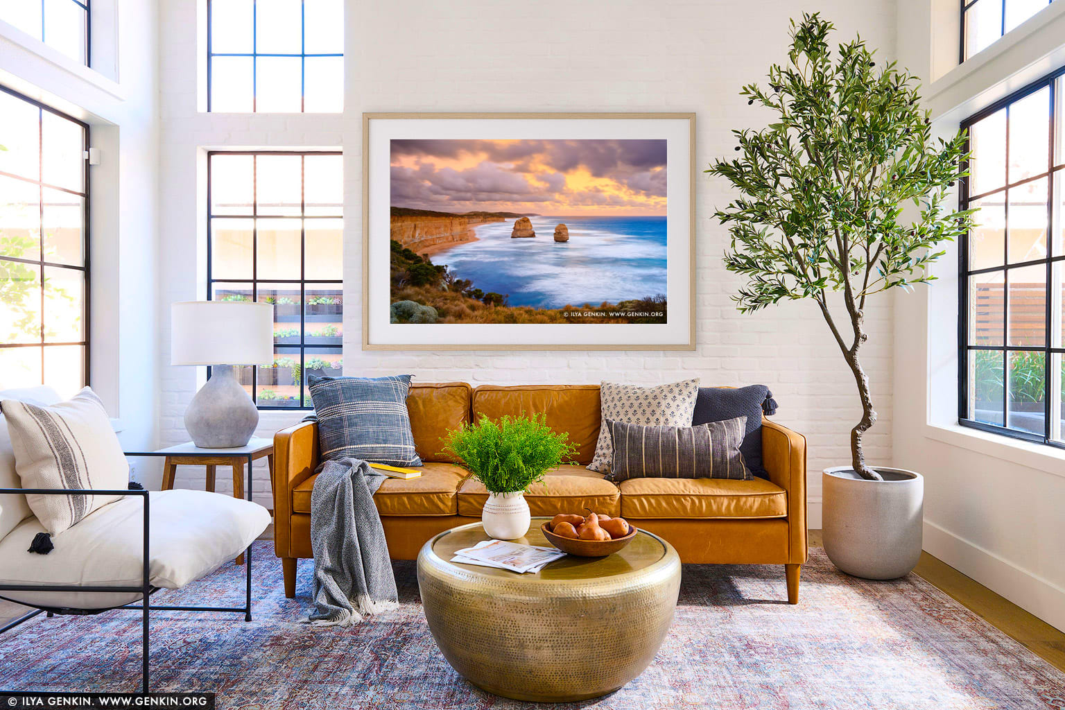 The Gibson Steps at Sunset wall art in a minimalist living room interior