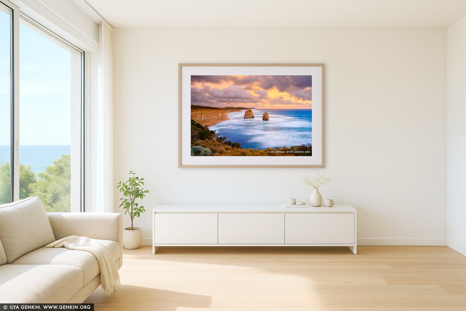 The Gibson Steps at Sunset wall art in a minimalist living room interior