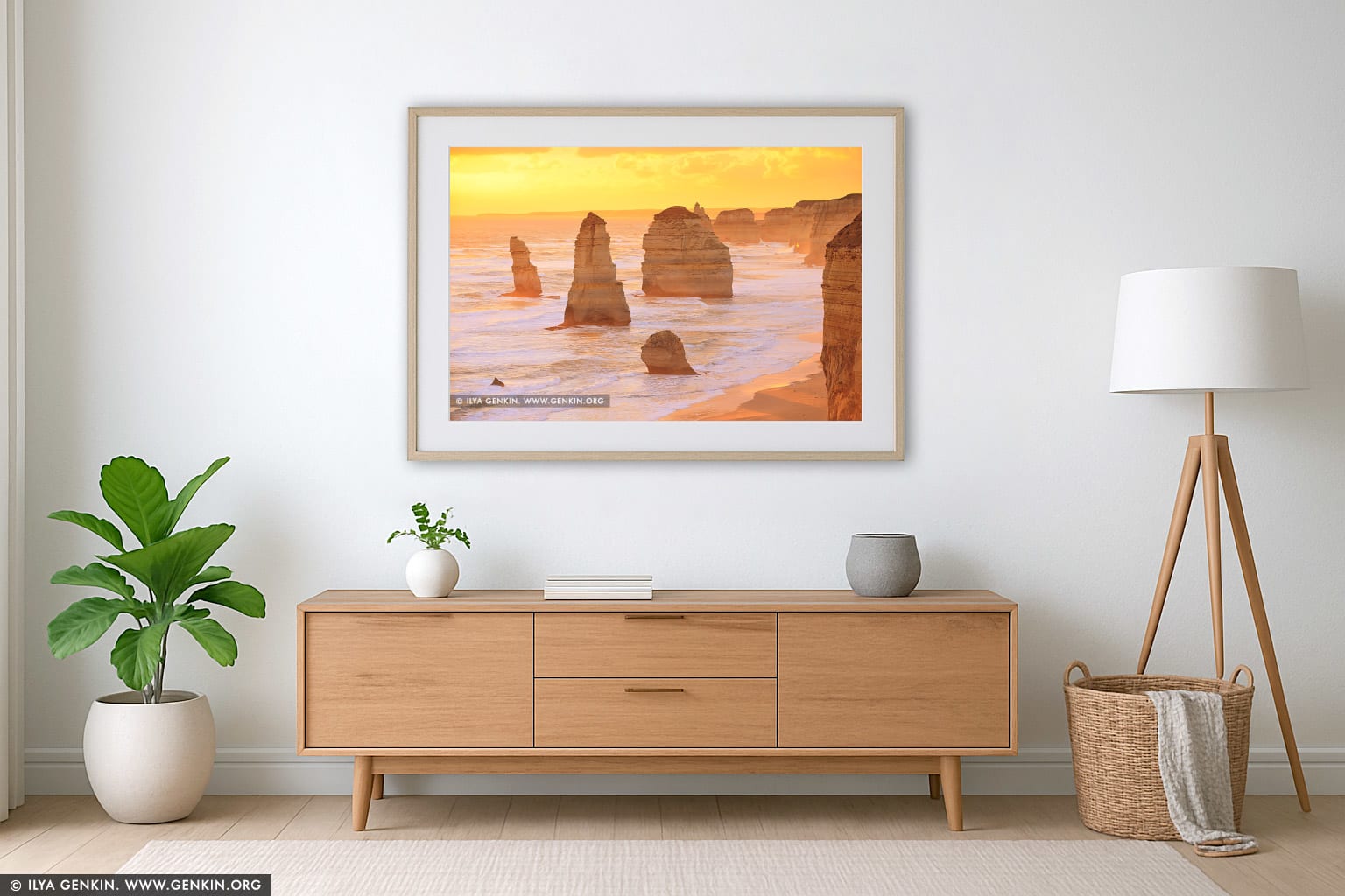 Golden Sunset at The Twelve Apostles wall art in a contemporary living room interior