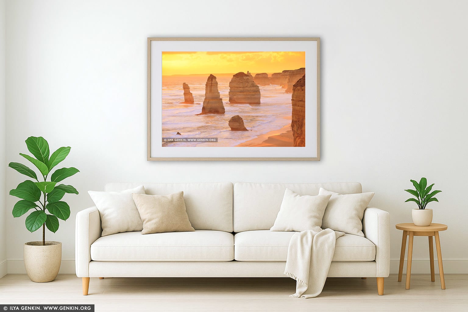 Golden Sunset at The Twelve Apostles wall art in a luxury living room interior