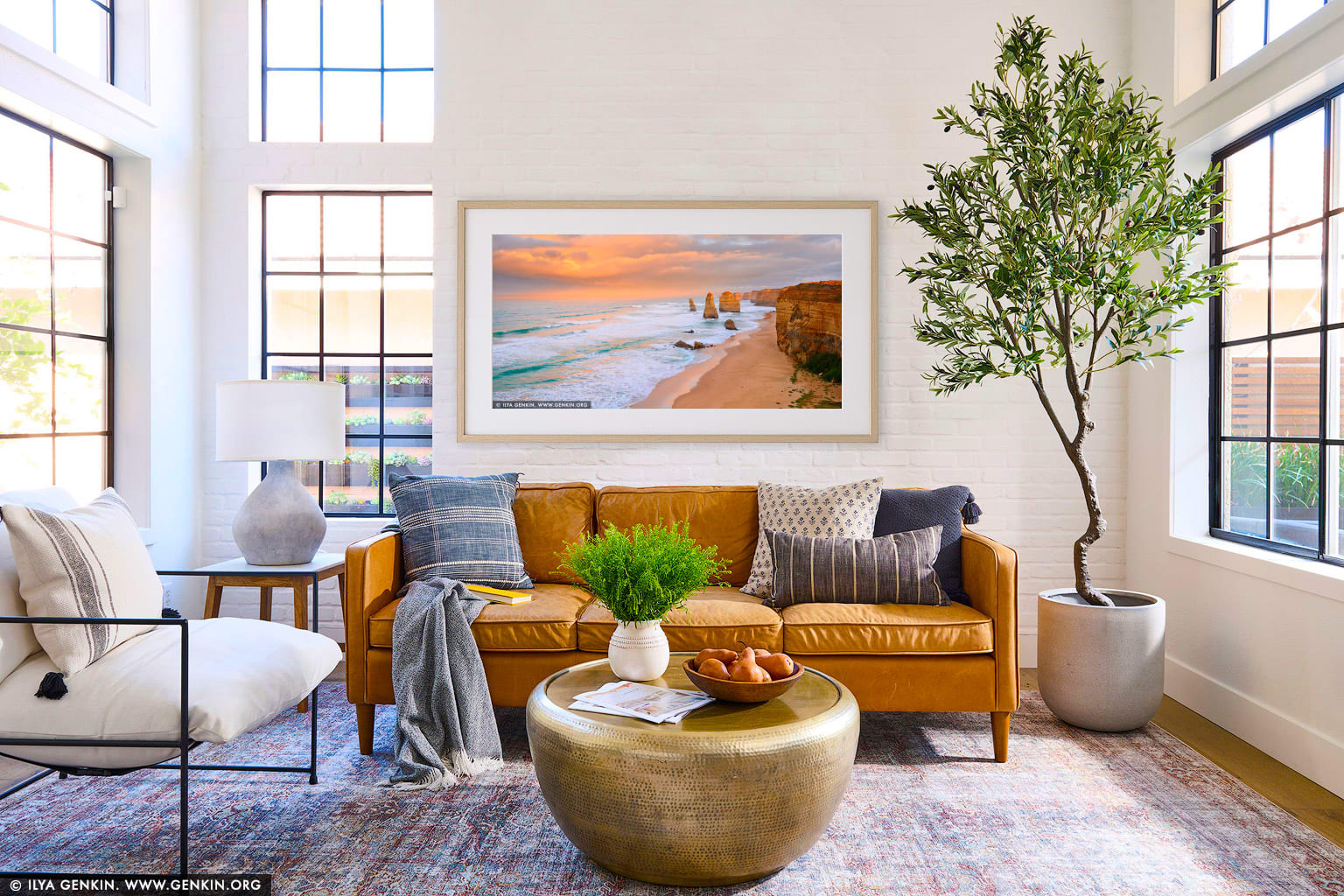 Sunrise at The Twelve Apostles wall art in a minimalist living room interior
