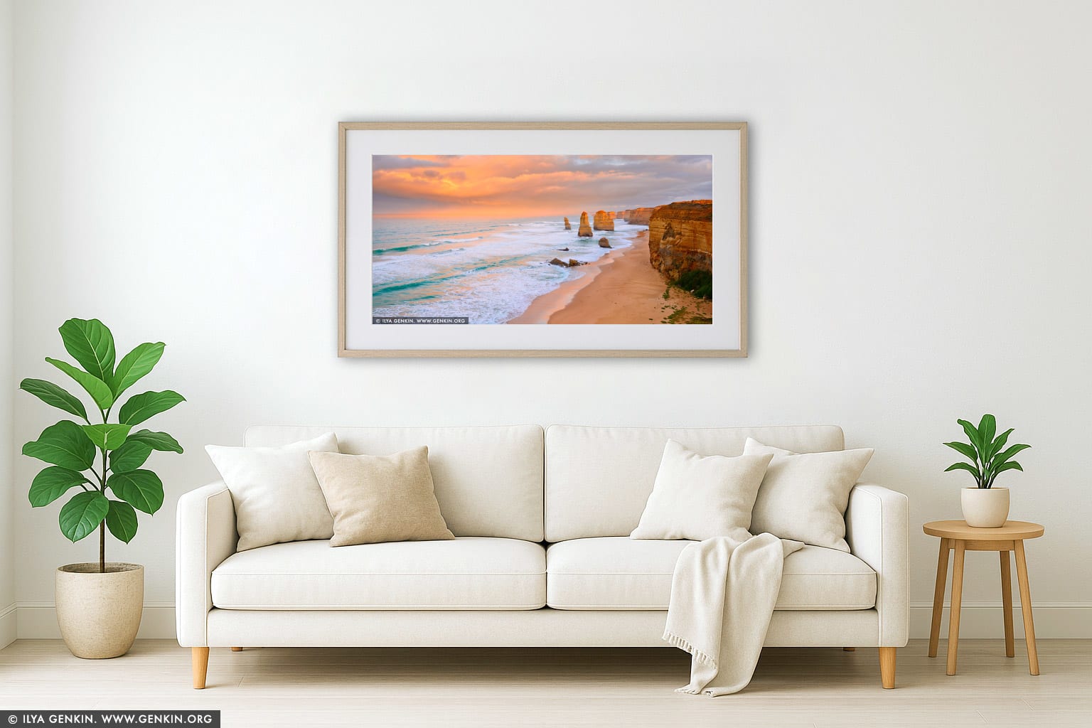 Sunrise at The Twelve Apostles wall art in a contemporary living room interior