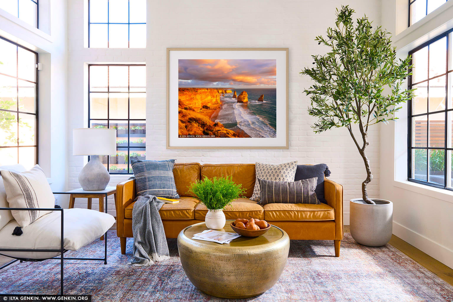 Vivid Sunset at The Twelve Apostles wall art in a luxury living room interior
