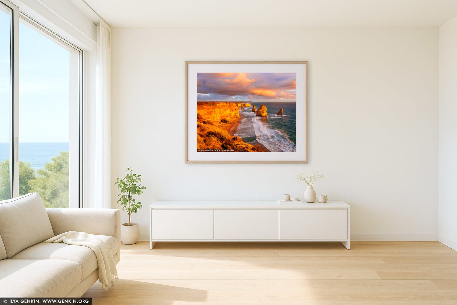 Vivid Sunset at The Twelve Apostles wall art in a luxury living room interior