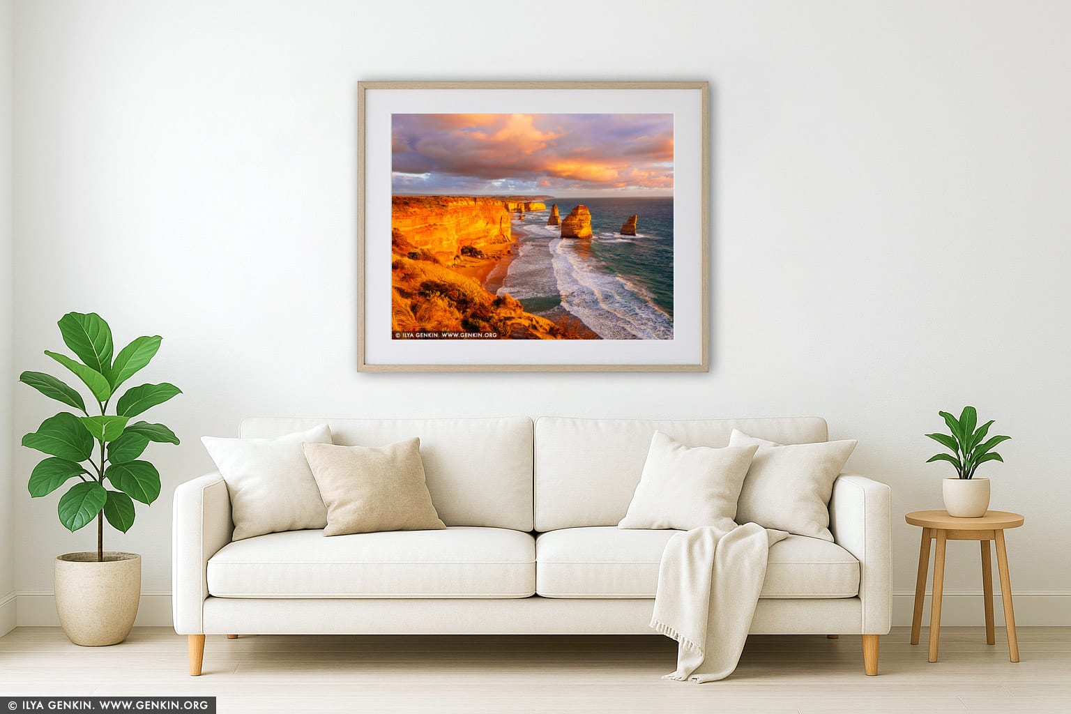 Vivid Sunset at The Twelve Apostles wall art in a minimalist living room interior