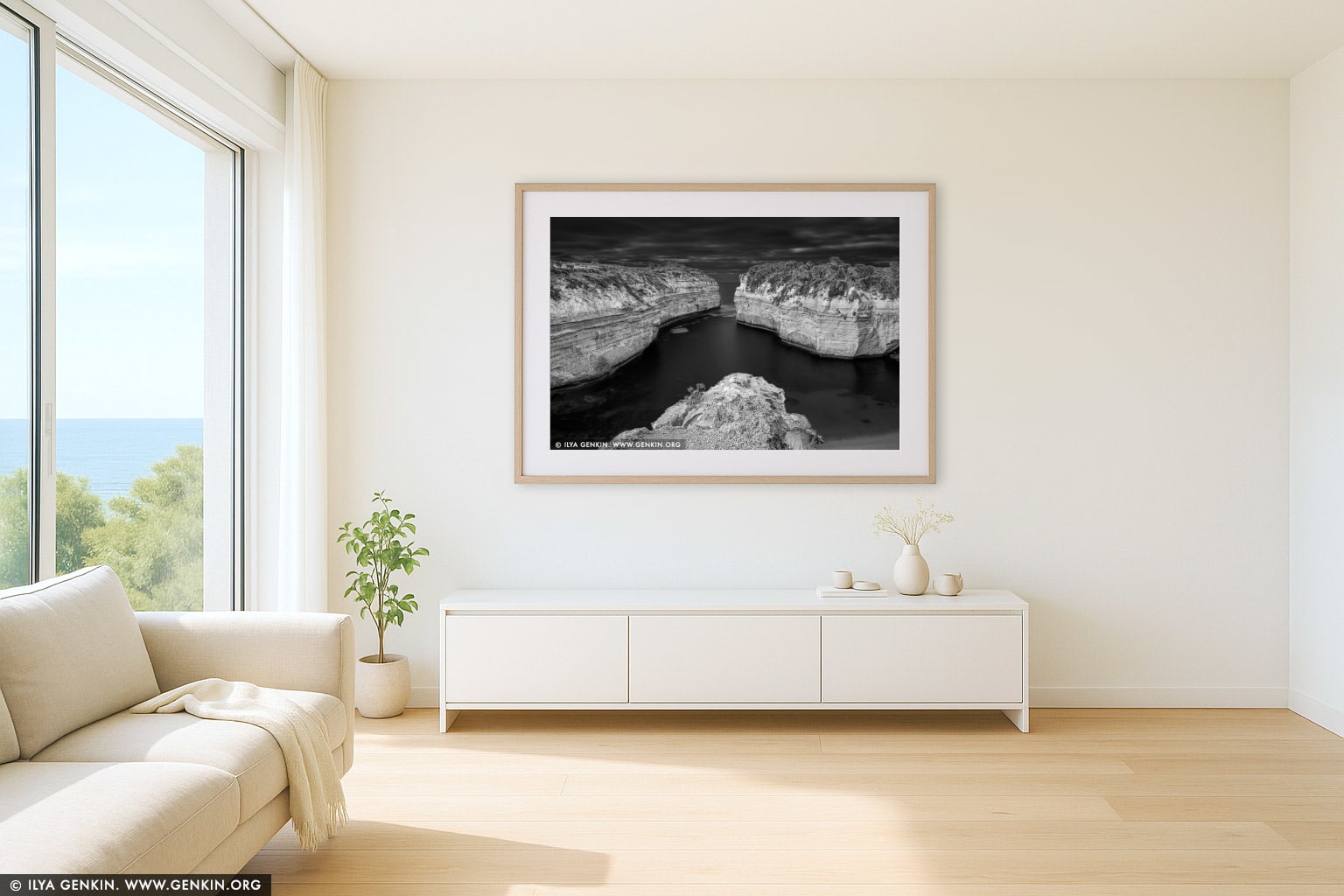 Loch Ard Gorge in Black and White wall art in a modern living room interior