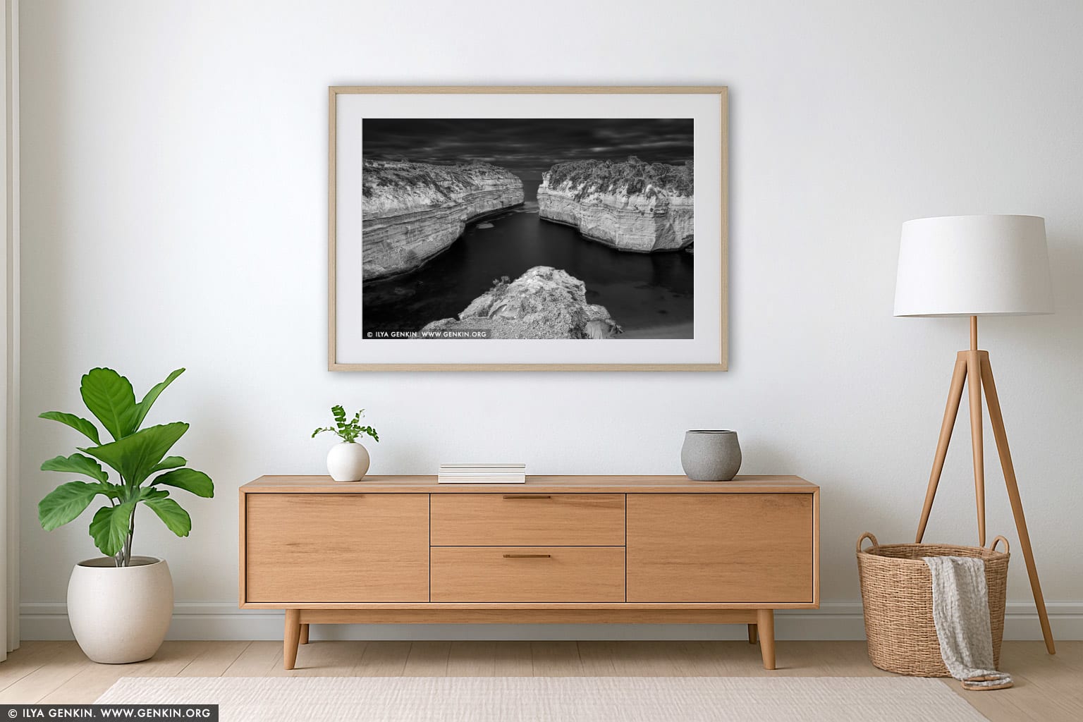 Loch Ard Gorge in Black and White wall art in a contemporary living room interior