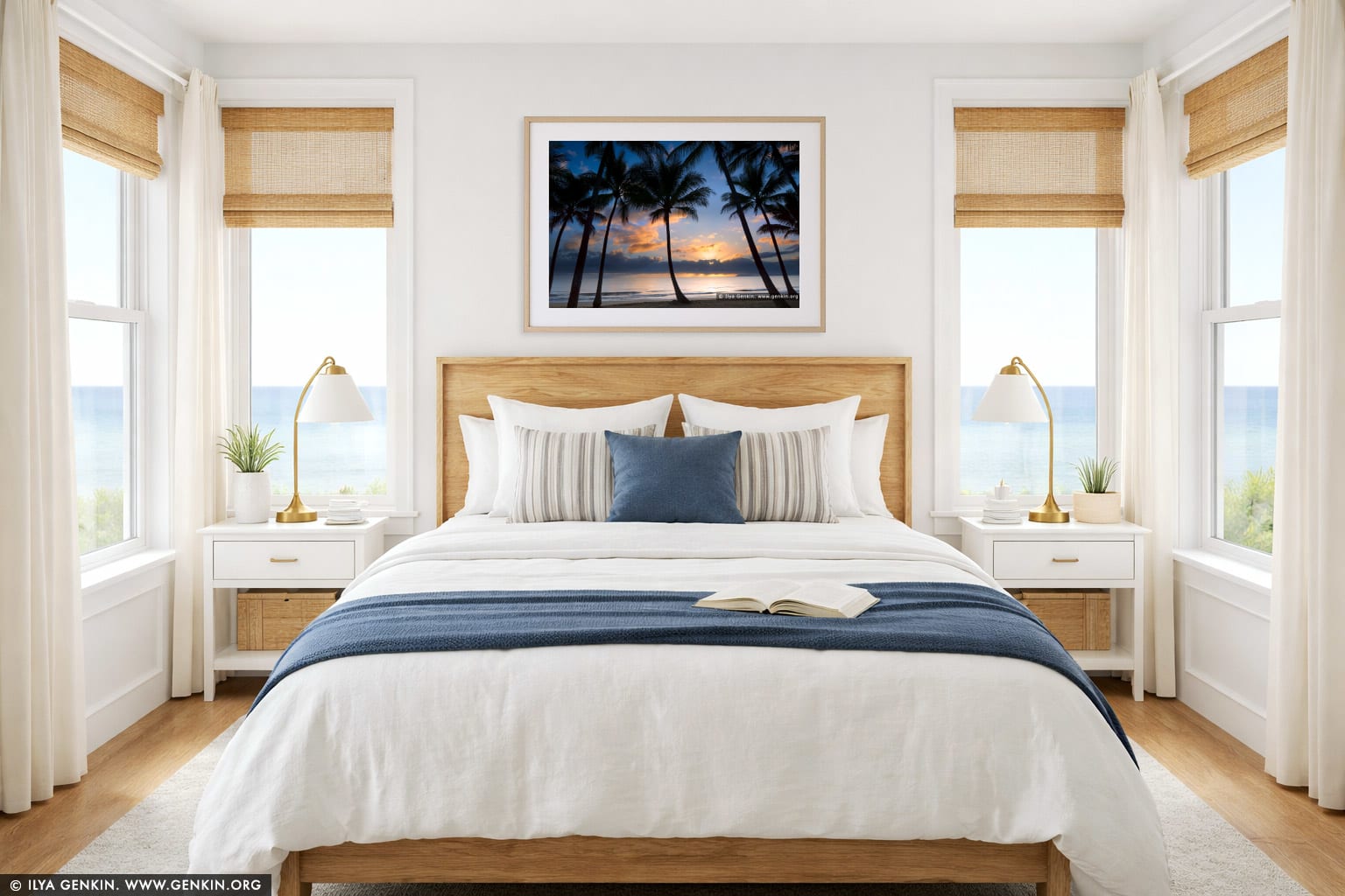 Sunrise at Palm Cove wall art in a bedroom interior