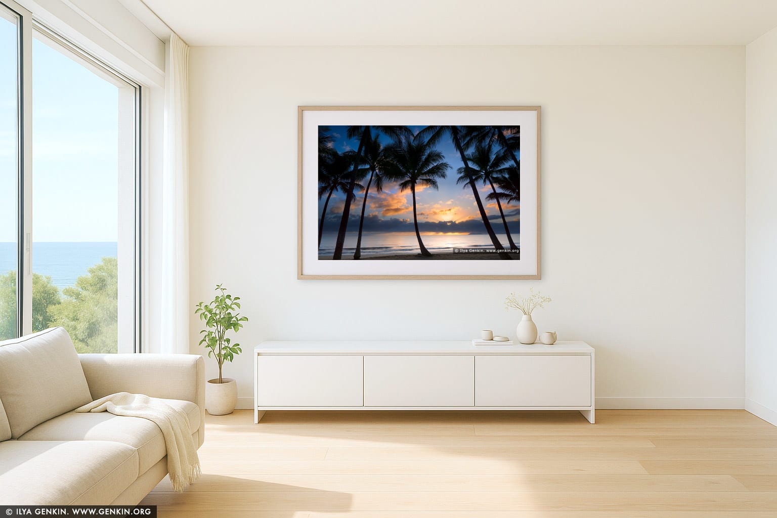 Sunrise at Palm Cove wall art in a luxury living room interior