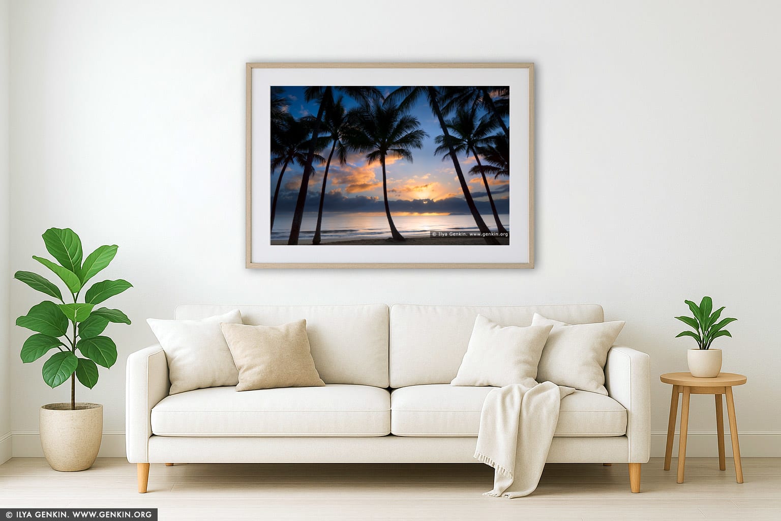 Sunrise at Palm Cove wall art in a minimalist living room interior