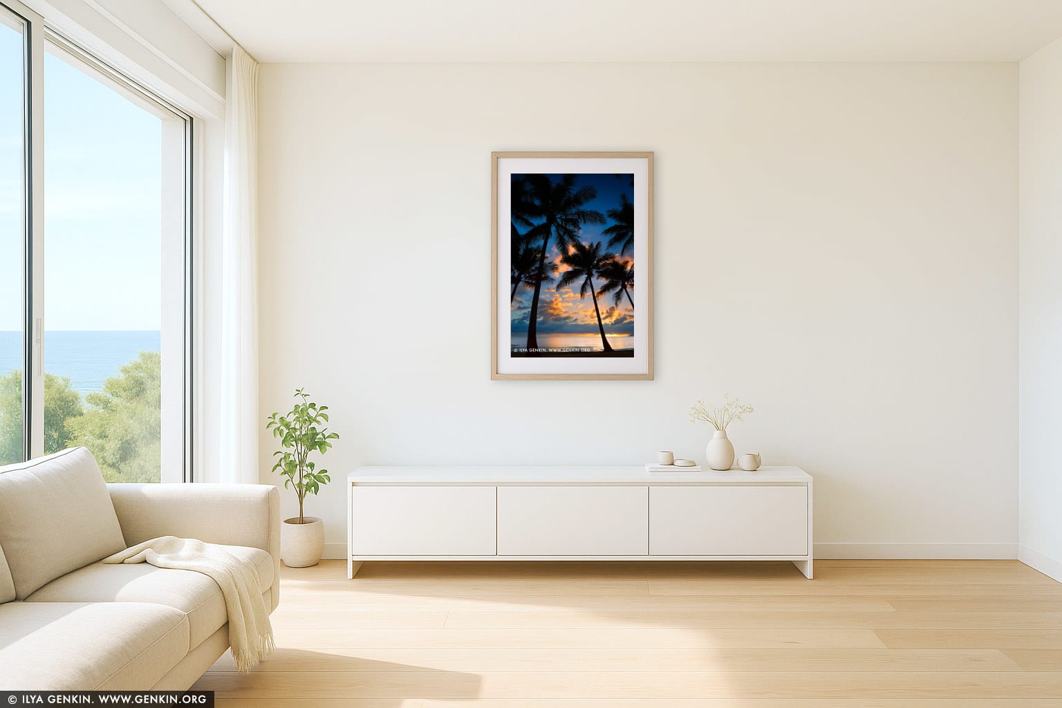 Vivid Sunrise at Palm Cove wall art in a modern living room interior