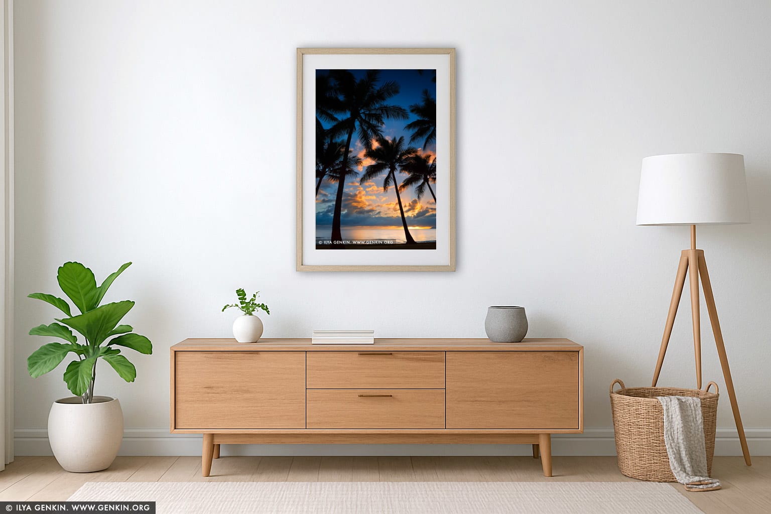 Vivid Sunrise at Palm Cove wall art in a contemporary living room interior