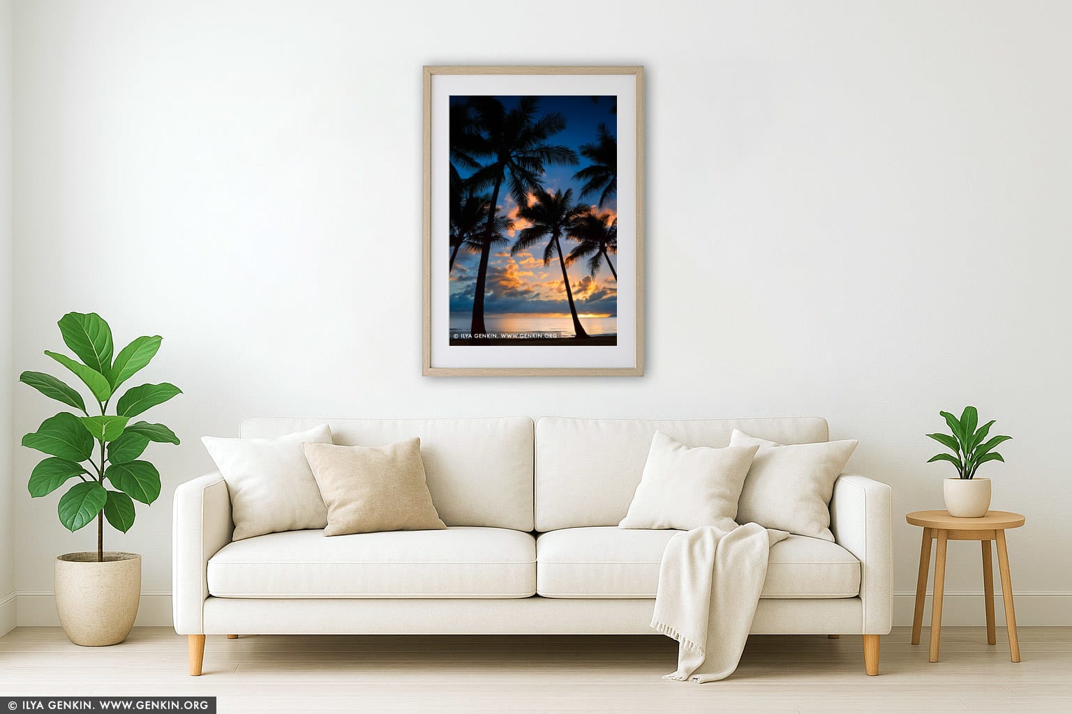 Vivid Sunrise at Palm Cove wall art in a luxury living room interior