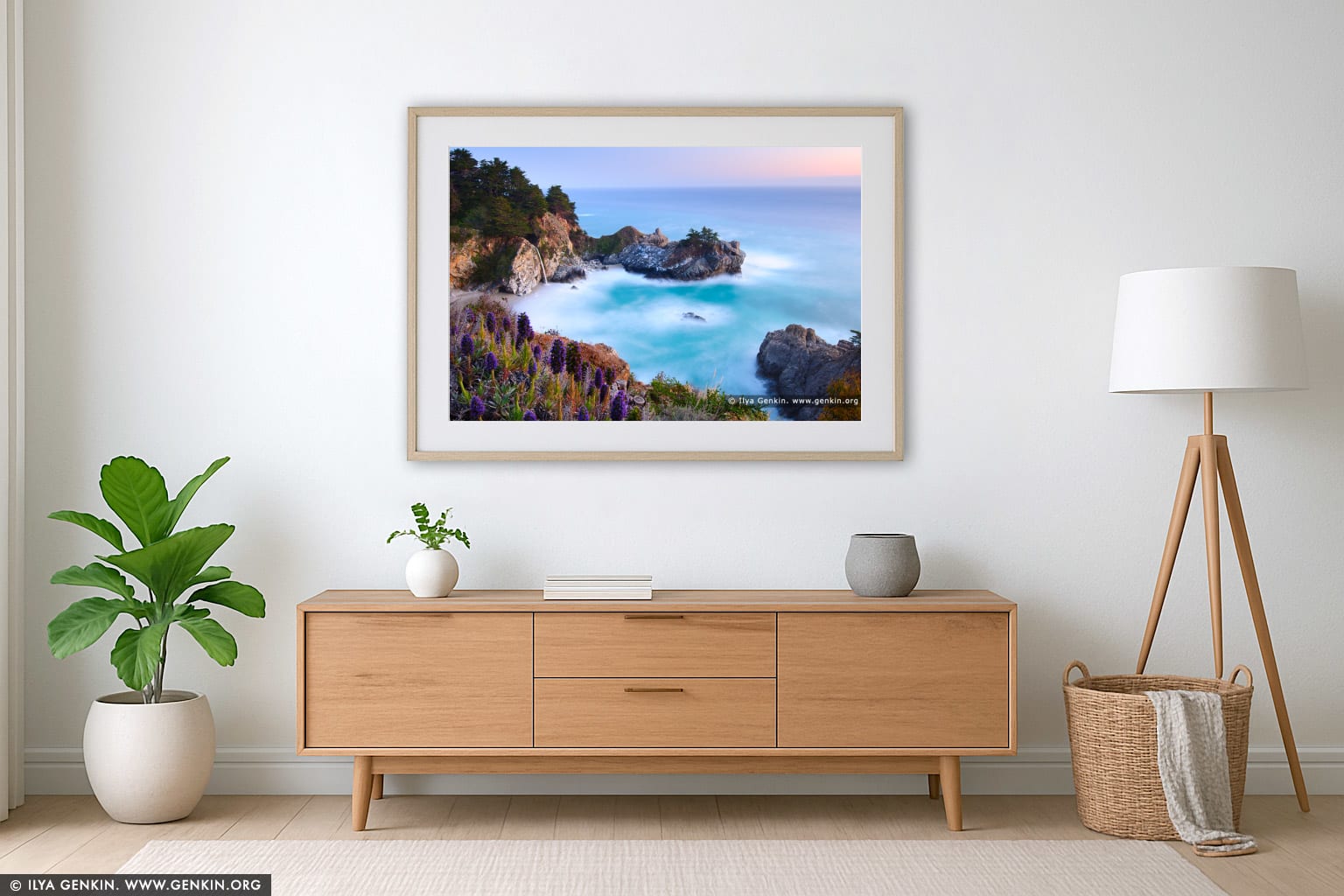 McWay Falls after Sunset wall art in a minimalist living room interior