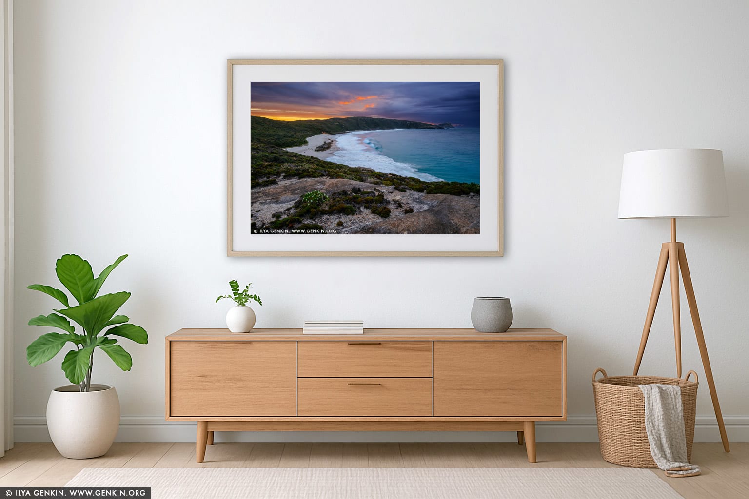 Cable Beach at Sunrise wall art in a minimalist living room interior