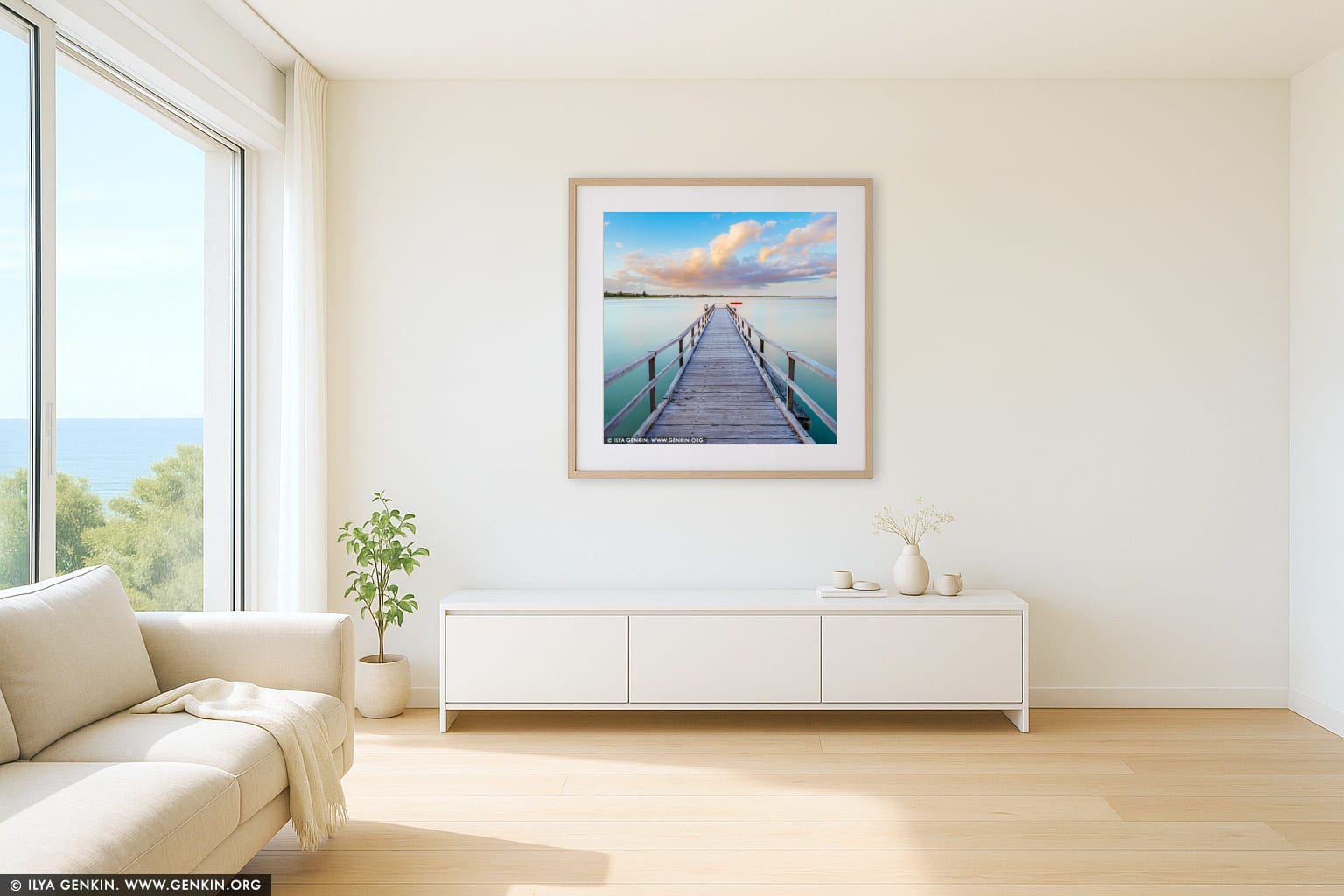Ellen Cove Jetty at Sunset wall art in a contemporary living room interior