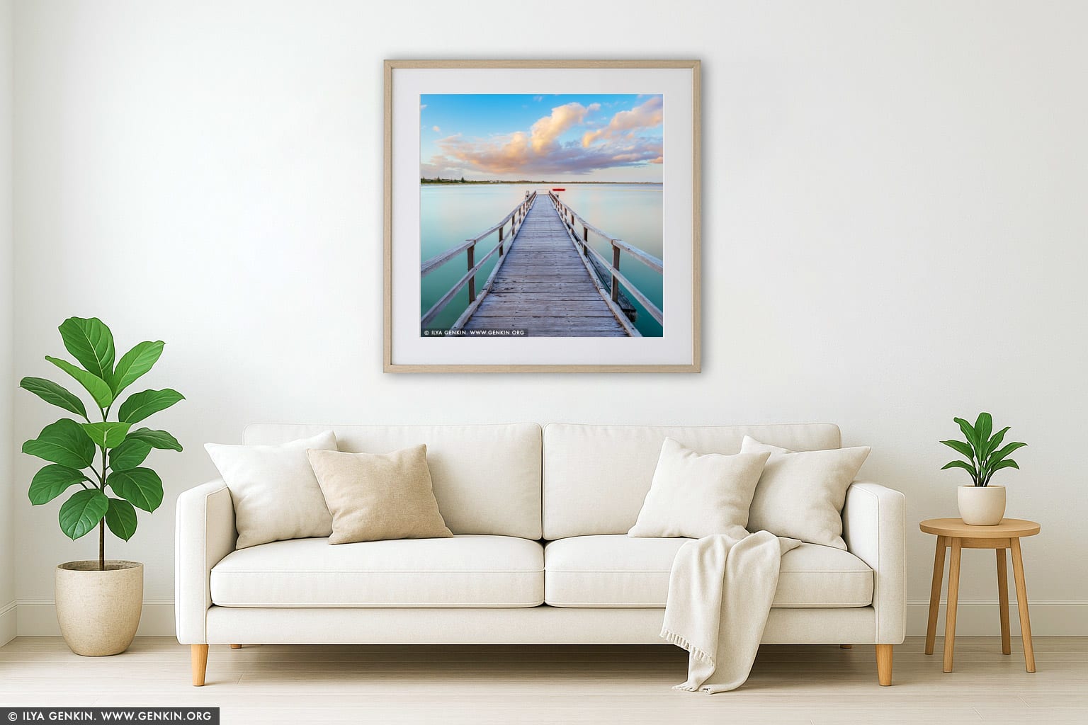 Ellen Cove Jetty at Sunset wall art in a modern living room interior