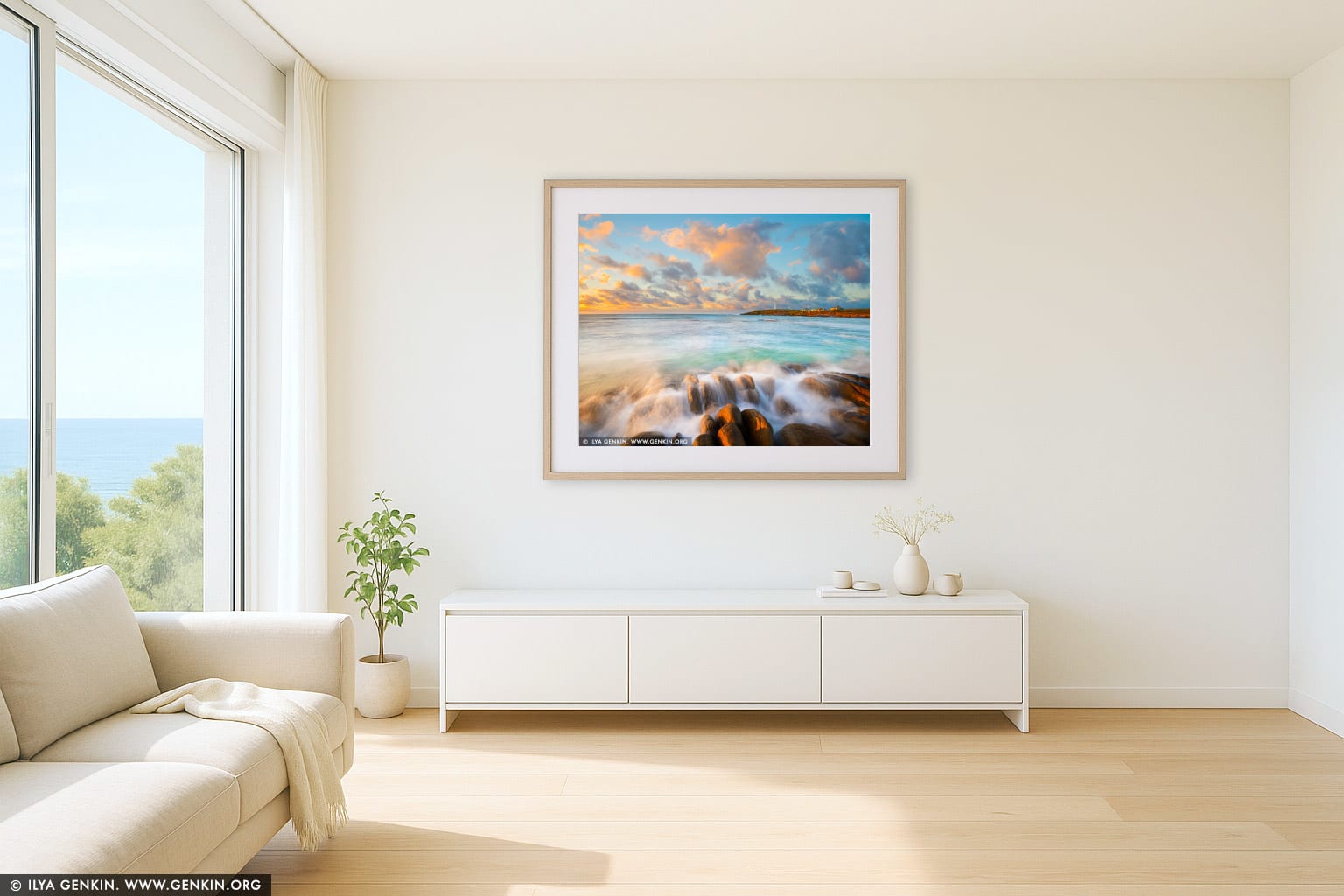 Cape Leeuwin Lighthouse at Sunrise wall art in a contemporary living room interior