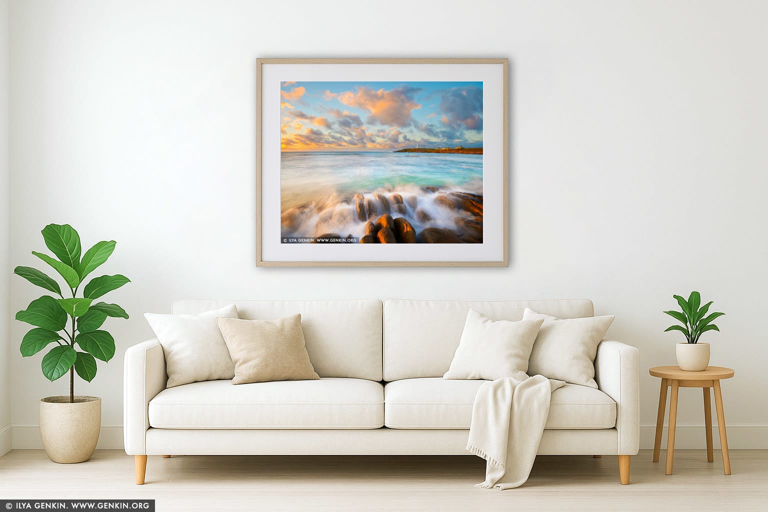 Cape Leeuwin Lighthouse at Sunrise wall art in a modern living room interior