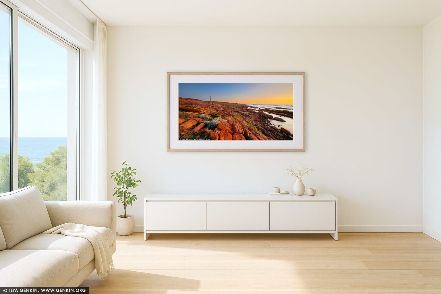 Cape Leeuwin Lighthouse at Sunset wall art in a minimalist living room interior