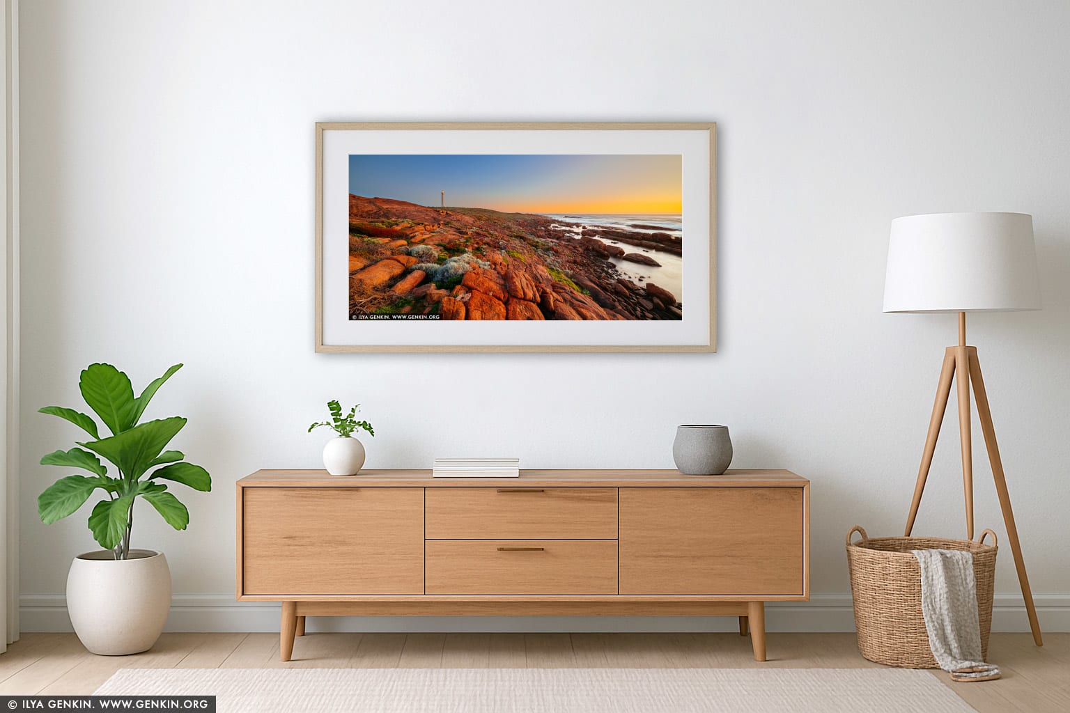 Cape Leeuwin Lighthouse at Sunset wall art in a luxury living room interior
