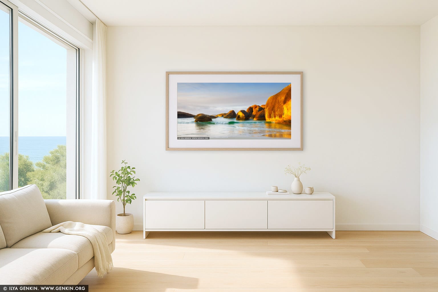 Elephant Rocks at Sunrise wall art in a contemporary living room interior