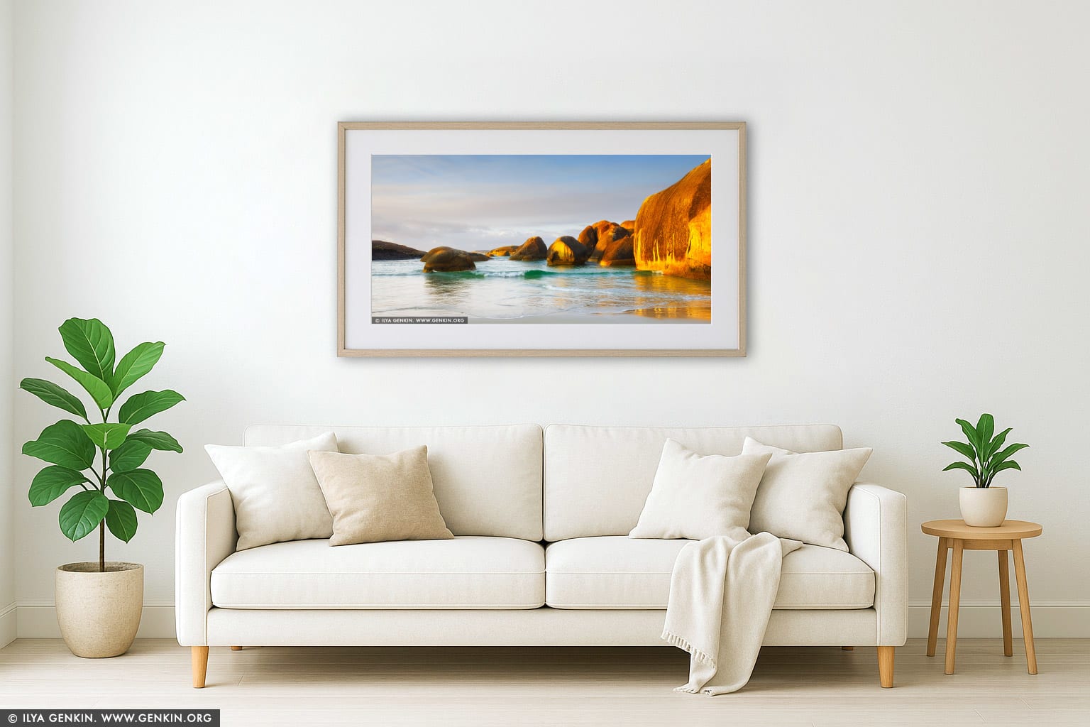 Elephant Rocks at Sunrise wall art in a modern living room interior