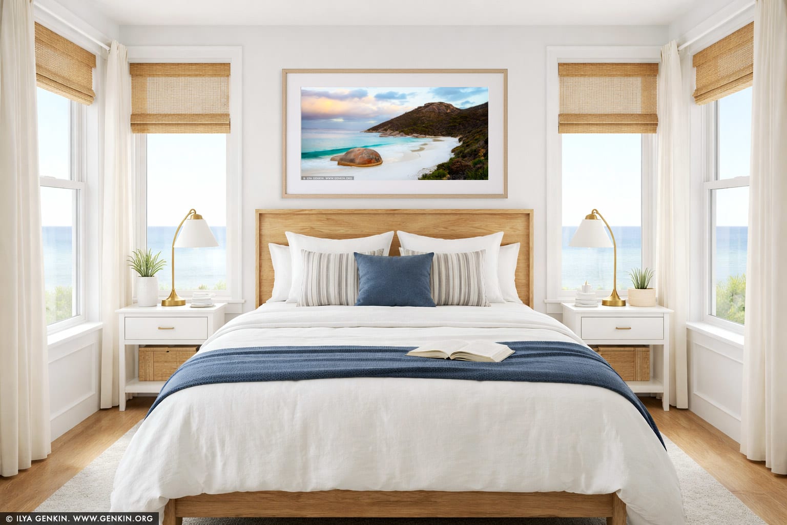Little Beach and Mt Gardner at Sunset wall art in a bedroom interior