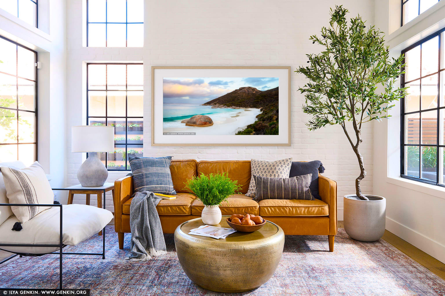 Little Beach and Mt Gardner at Sunset wall art in a contemporary living room interior