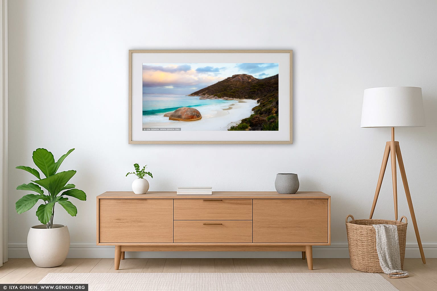 Little Beach and Mt Gardner at Sunset wall art in a minimalist living room interior