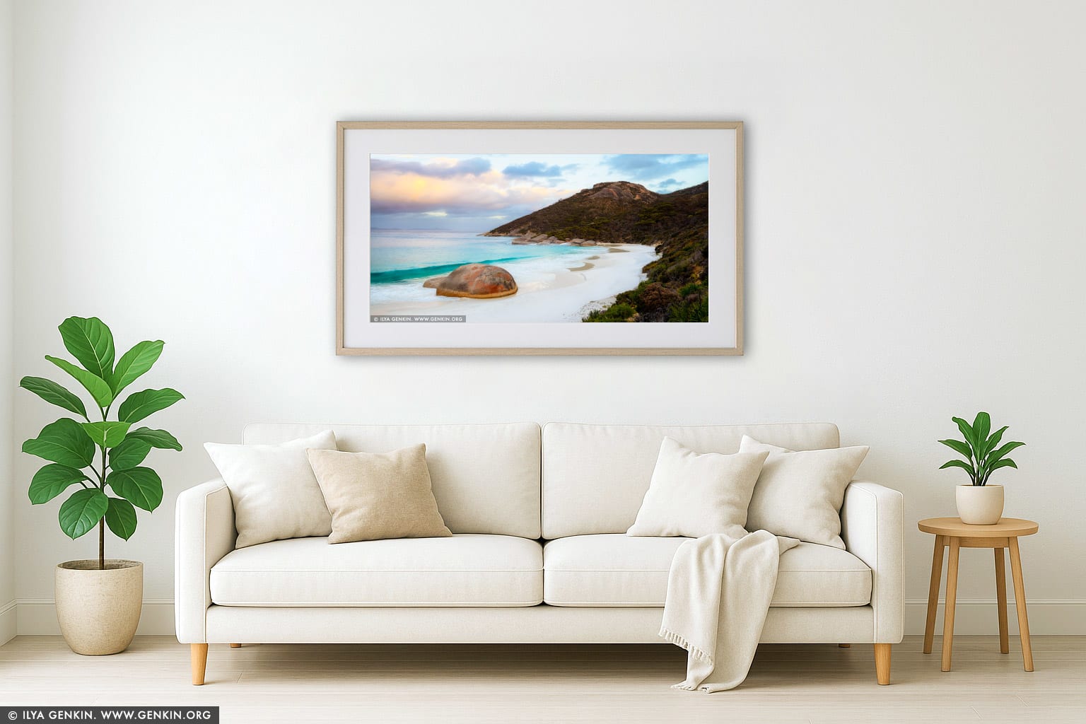 Little Beach and Mt Gardner at Sunset wall art in a modern living room interior