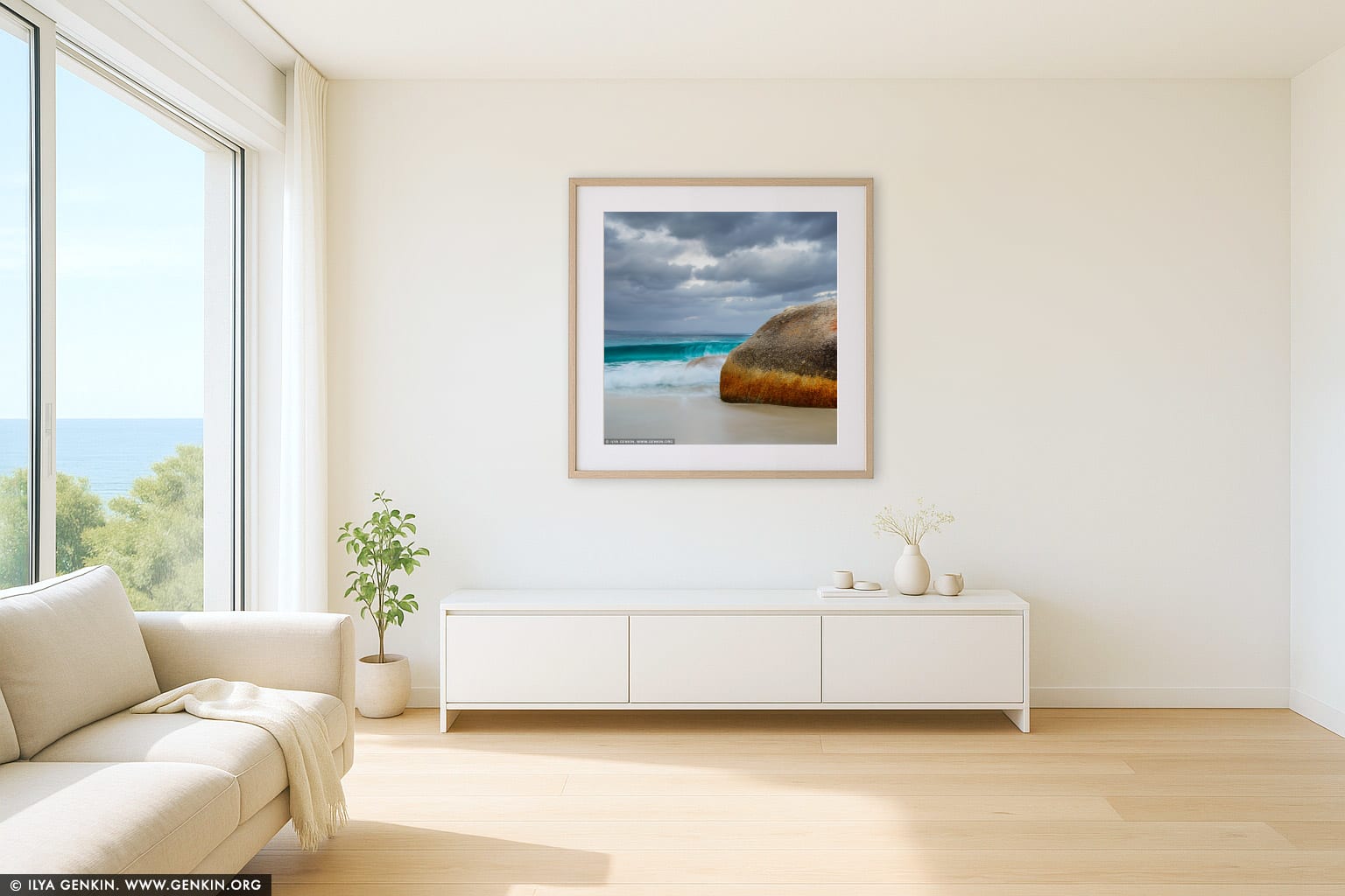 Stormy Day at Little Beach wall art in a luxury living room interior