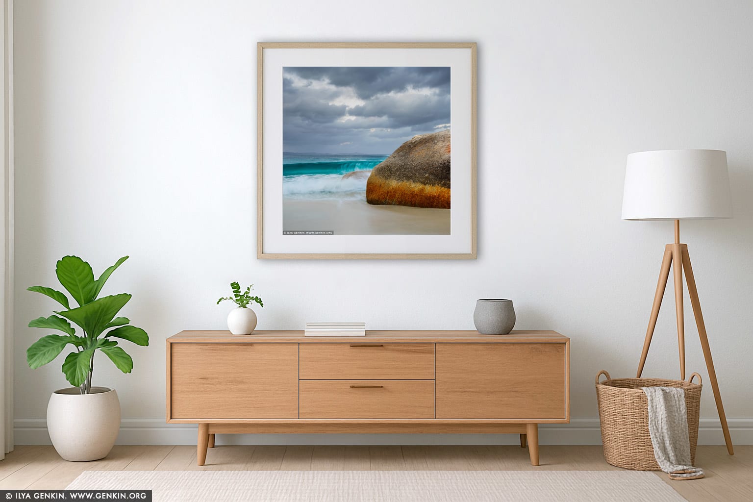 Stormy Day at Little Beach wall art in a modern living room interior
