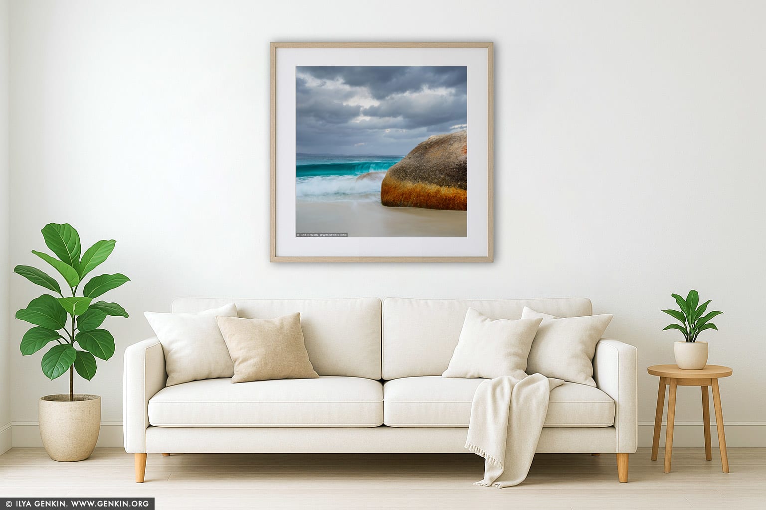 Stormy Day at Little Beach wall art in a minimalist living room interior
