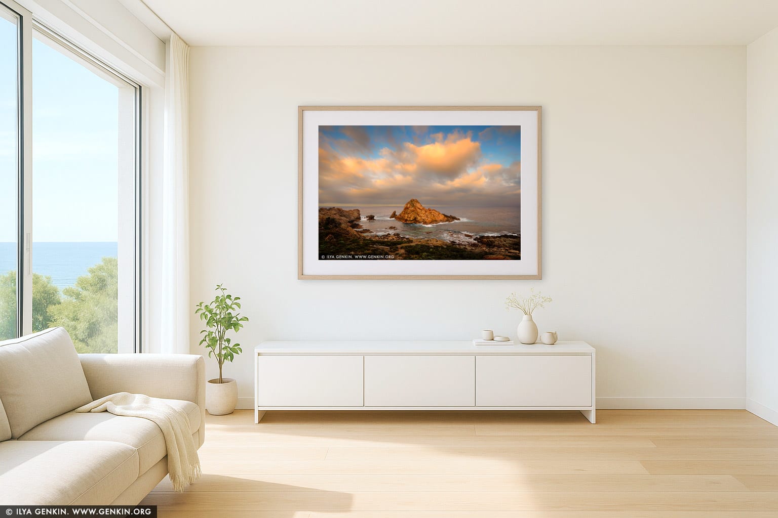 Sugarloaf Rock at Sunrise wall art in a contemporary living room interior