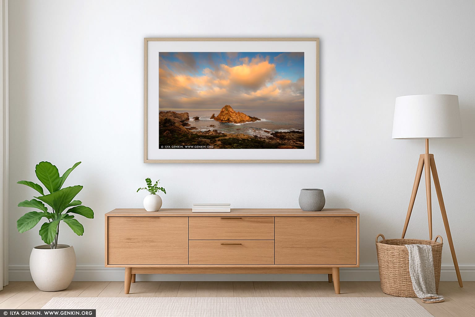 Sugarloaf Rock at Sunrise wall art in a minimalist living room interior