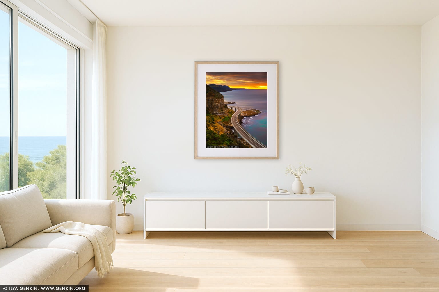 Sea Cliff Bridge at Sunrise wall art in a contemporary living room interior