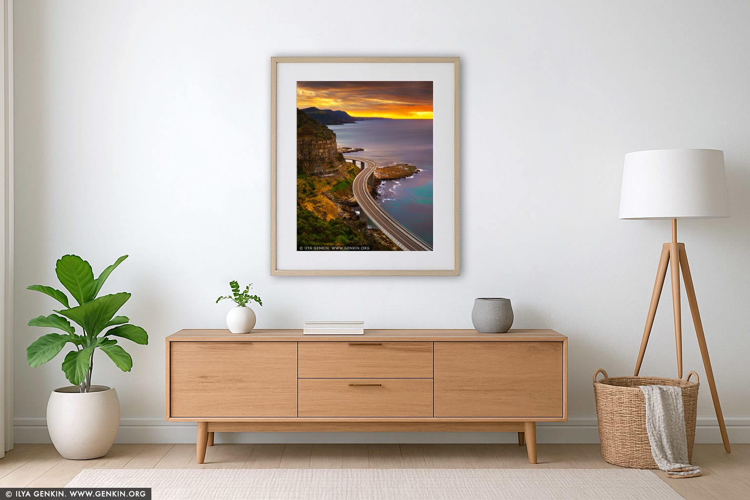 Sea Cliff Bridge at Sunrise wall art in a minimalist living room interior