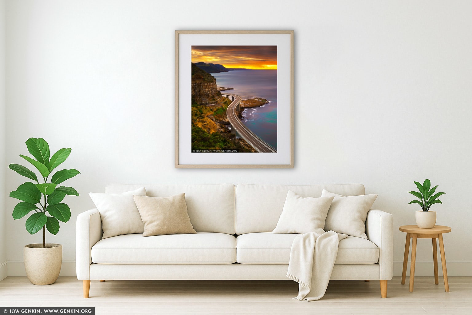 Sea Cliff Bridge at Sunrise wall art in a modern living room interior