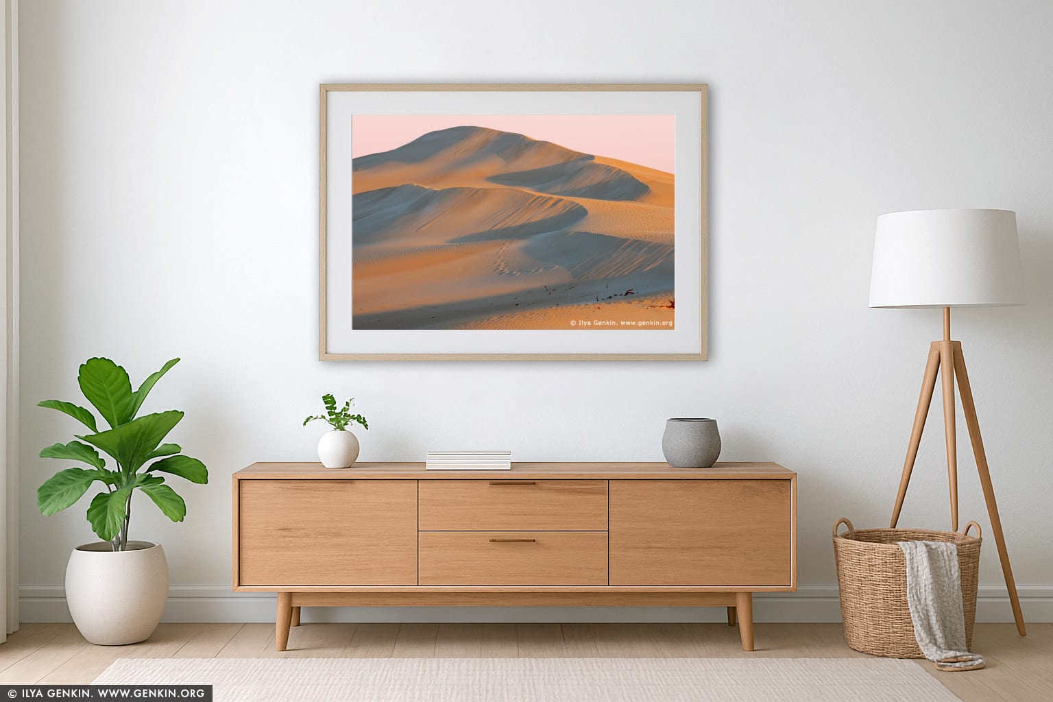 Moving Sand Dunes at Dusk wall art in a minimalist living room interior