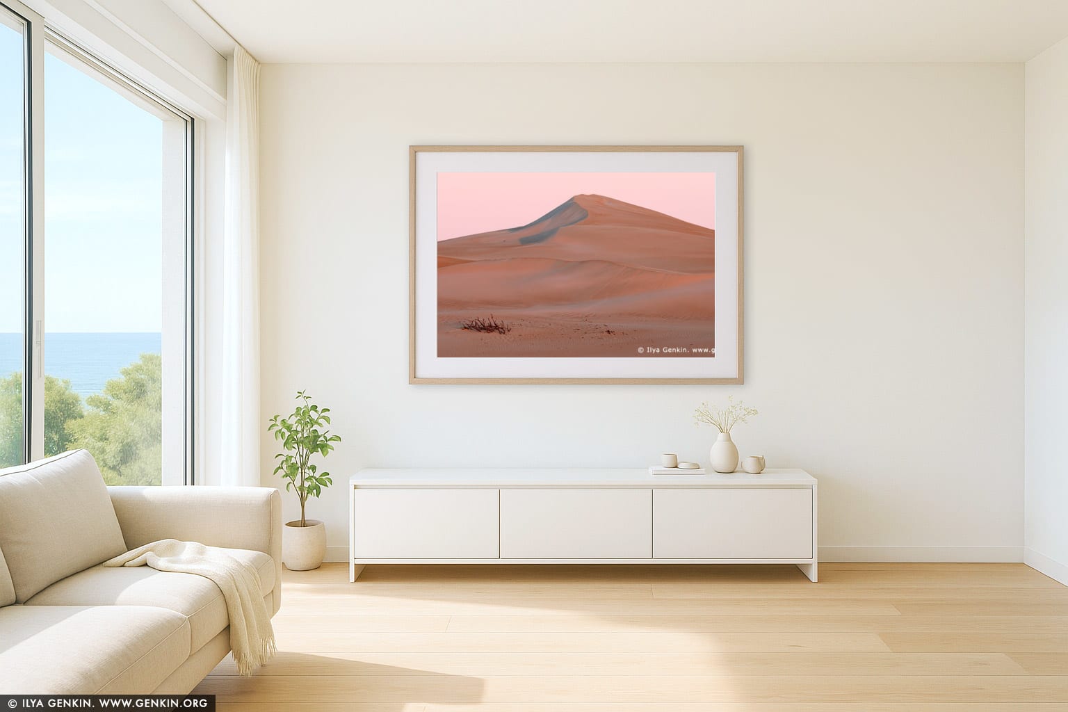 Gunyah Beach Moving Sand Dunes at Twilight wall art in a luxury living room interior
