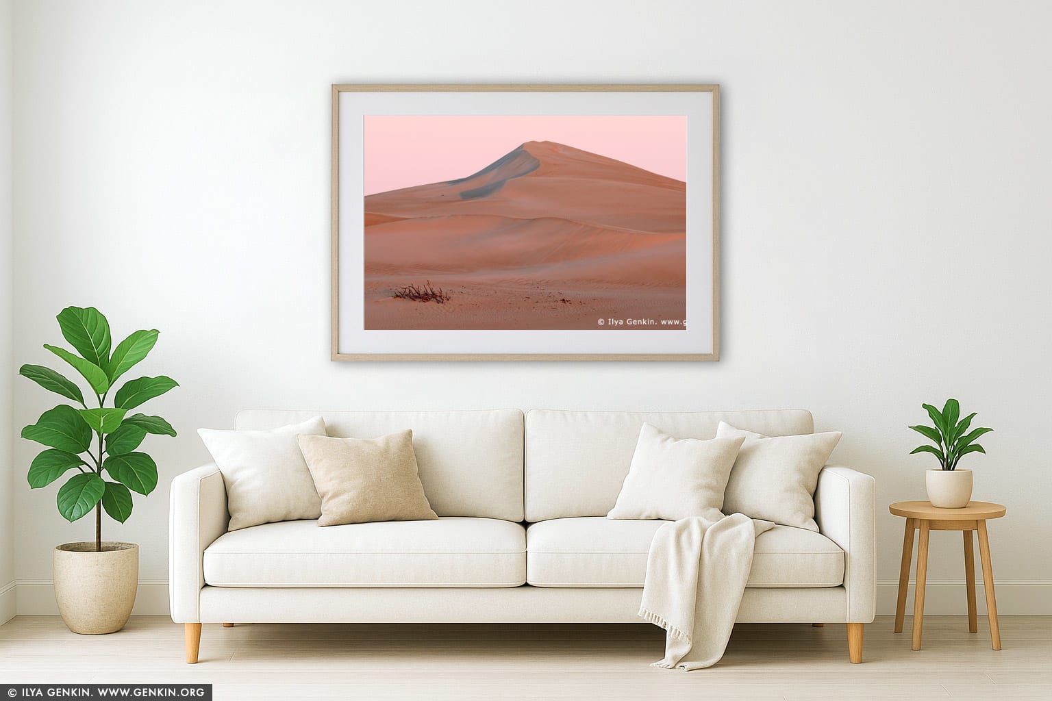 Gunyah Beach Moving Sand Dunes at Twilight wall art in a minimalist living room interior