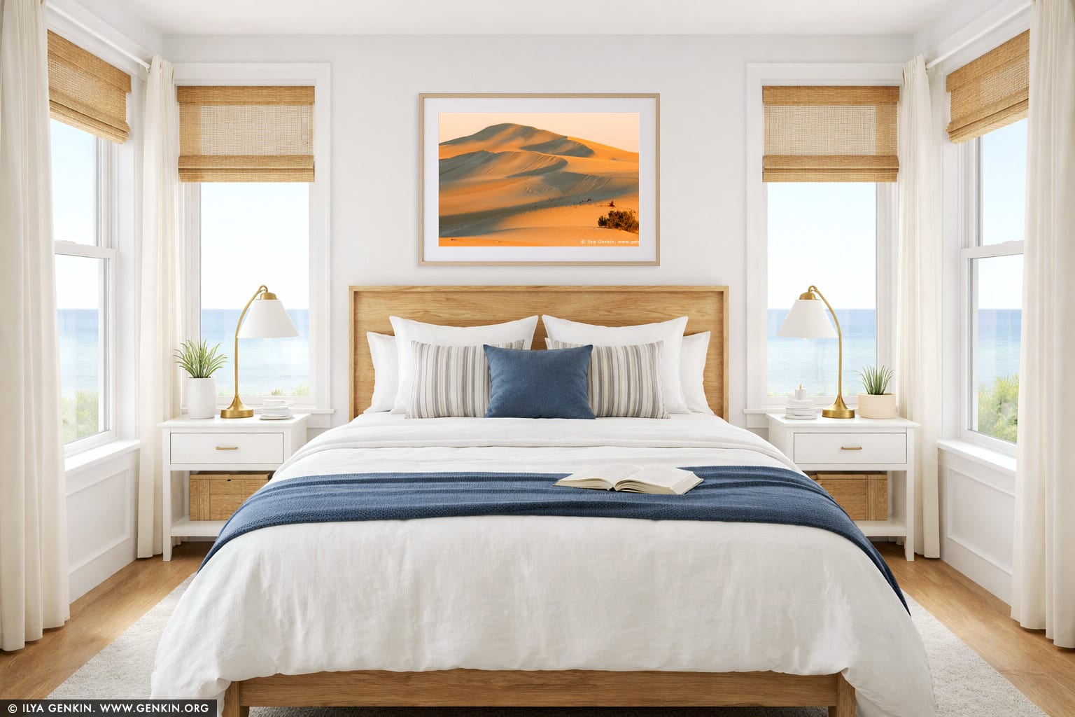Gunyah Beach Sand Dunes at Sunset wall art in a bedroom interior