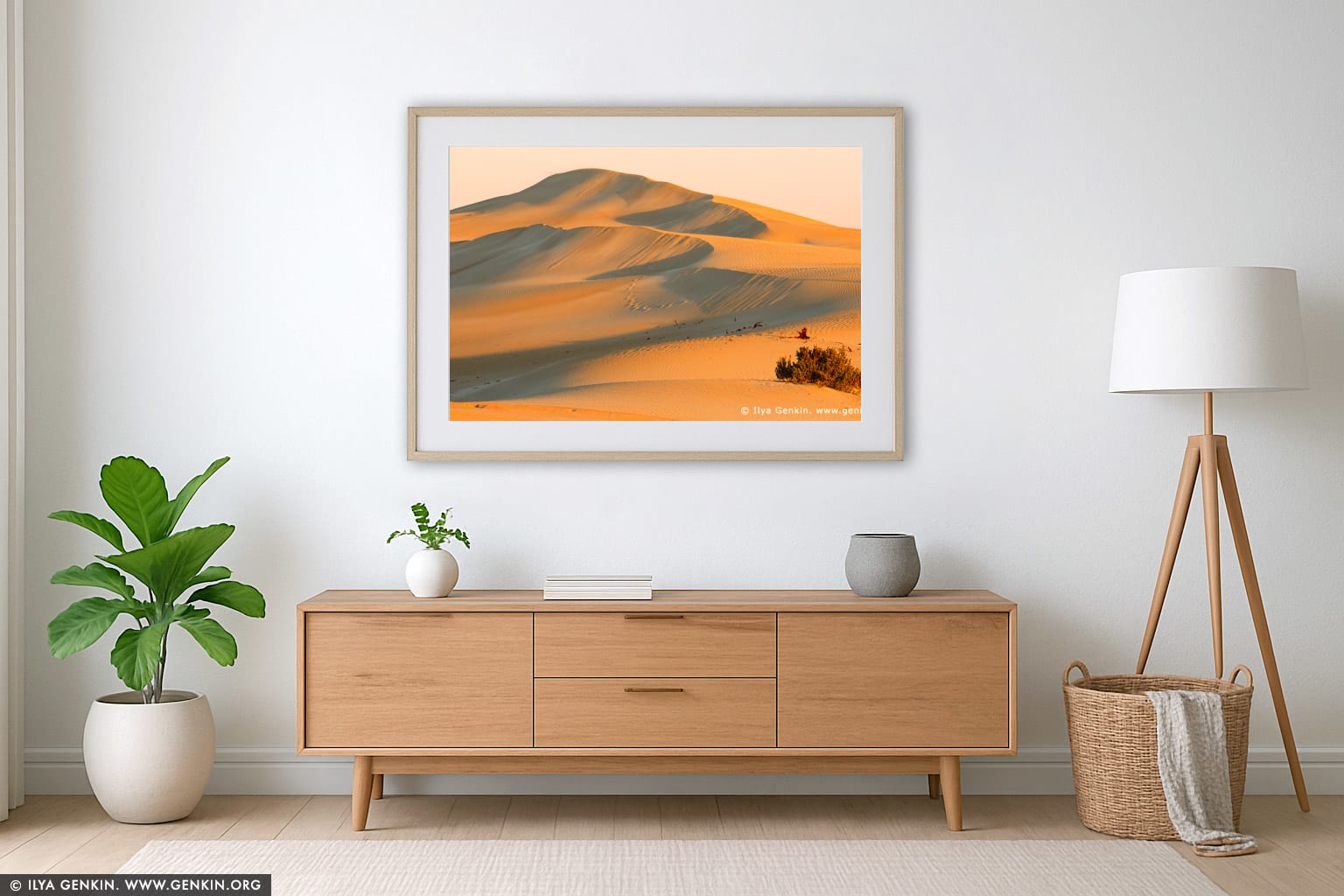 Gunyah Beach Sand Dunes at Sunset wall art in a minimalist living room interior