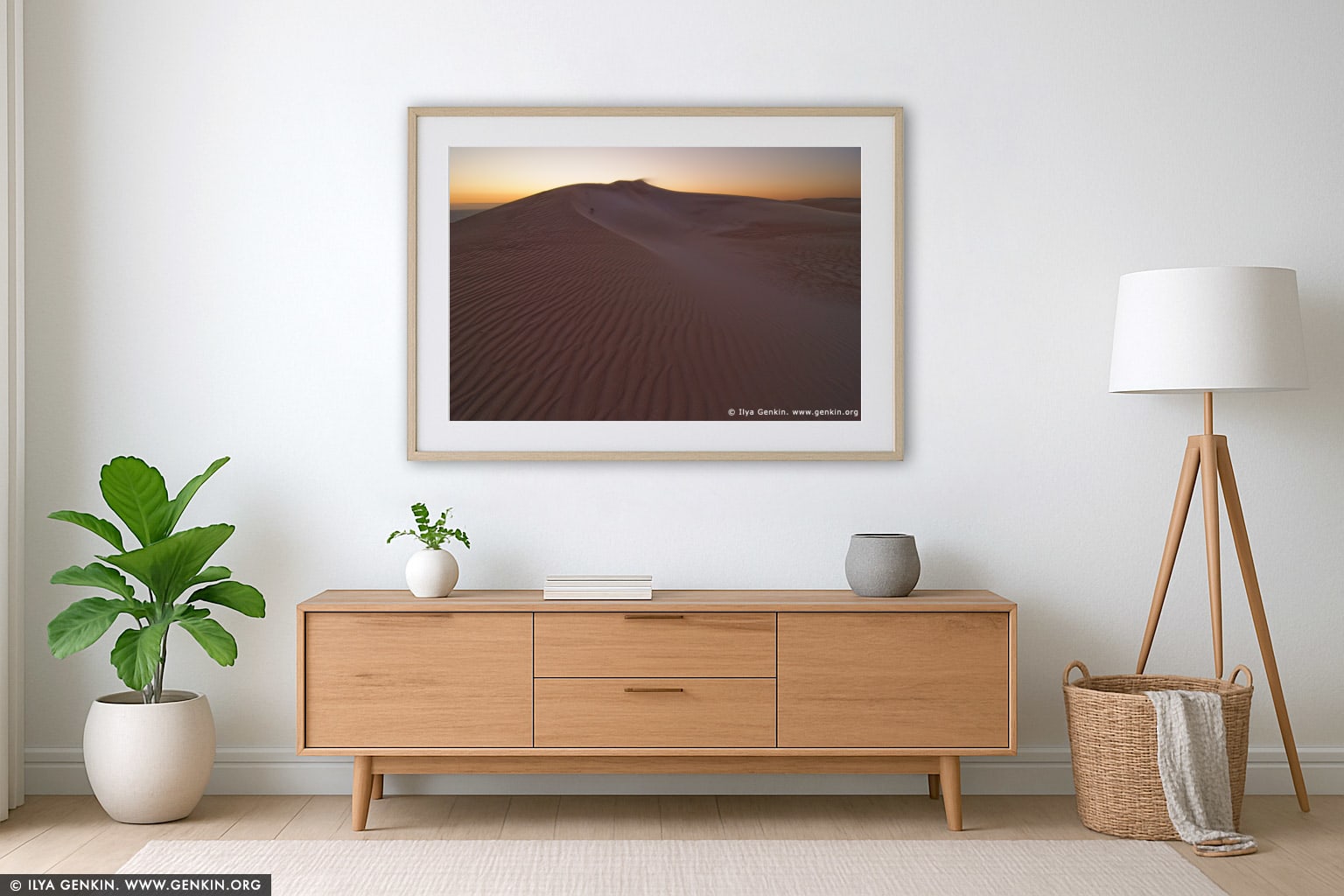 Gunyah Beach Sand Dunes at Twilight wall art in a modern living room interior