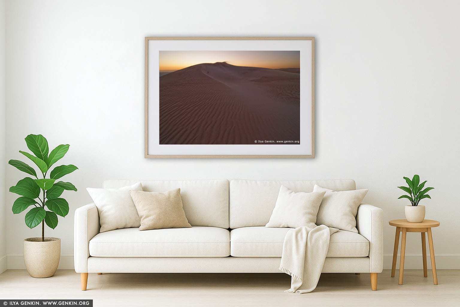 Gunyah Beach Sand Dunes at Twilight wall art in a minimalist living room interior