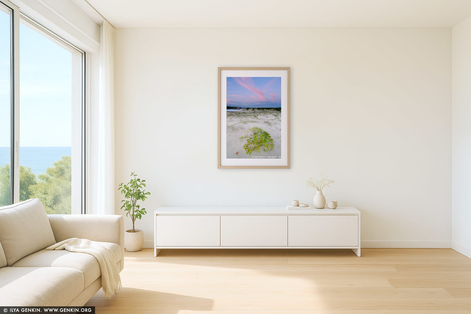 Sunrise at Dark Point wall art in a minimalist living room interior