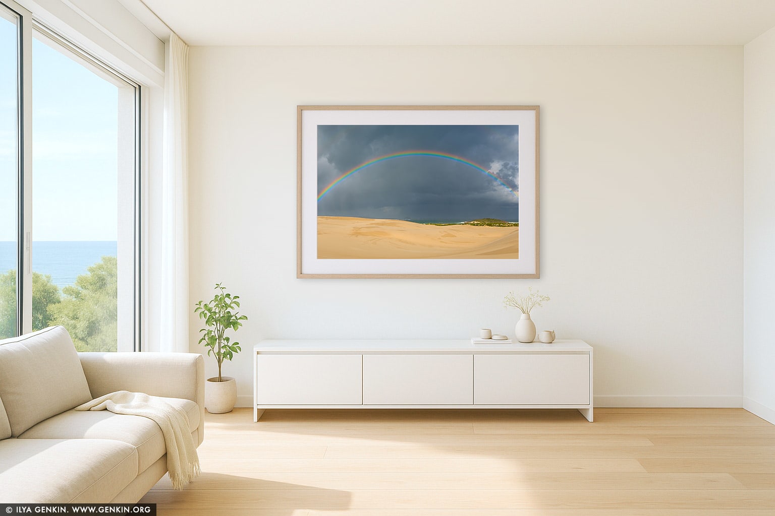Rainbow at Dark Point wall art in a modern living room interior