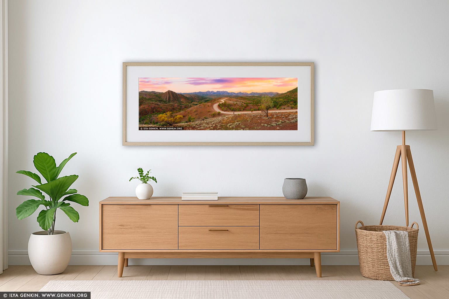 Bunyeroo Valley and Razorback Lookout at Sunset wall art in a minimalist living room interior